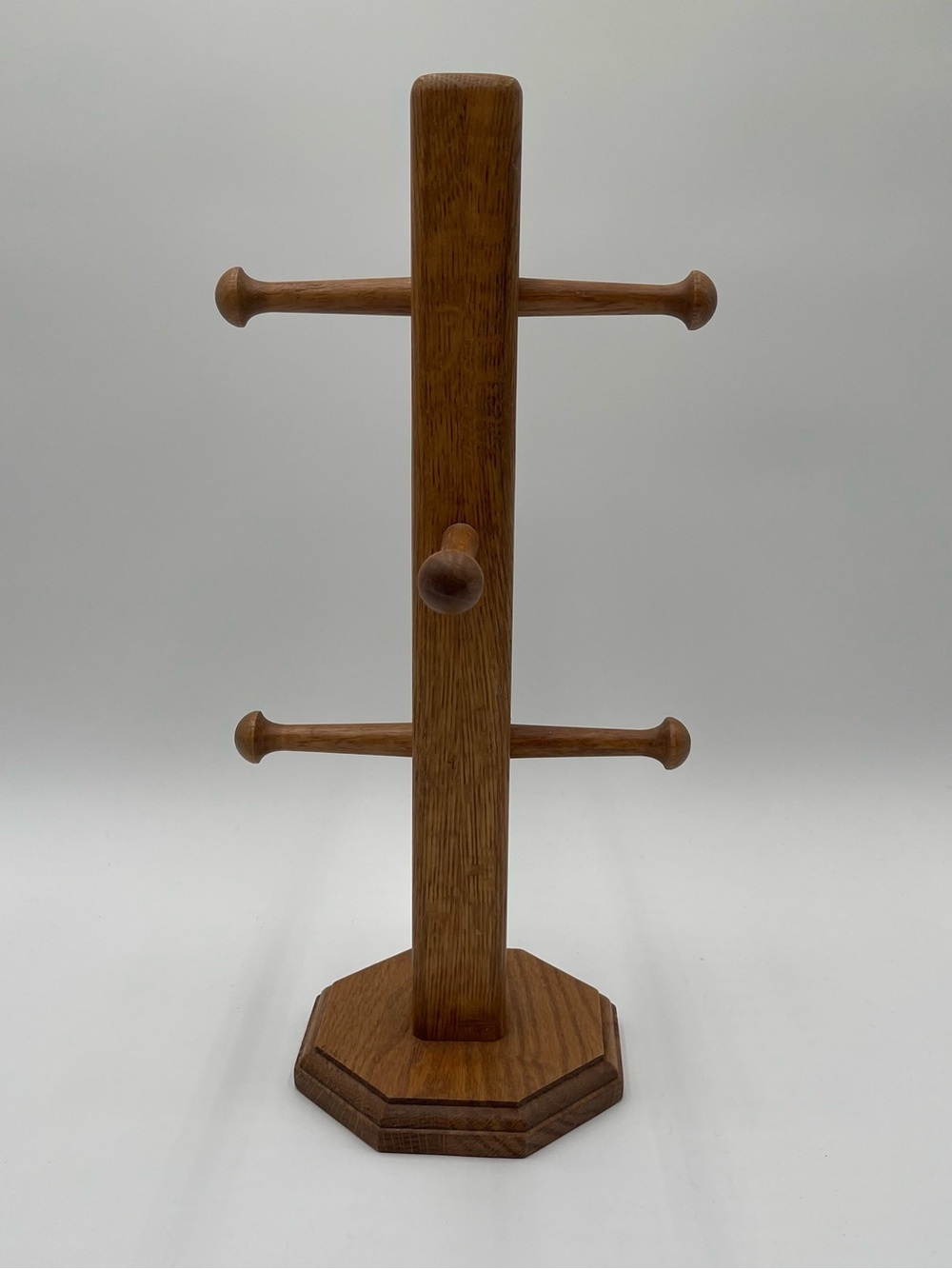 Vintage Wooden Mug Tree Rack 6 Peg Countertop Coffee Cup Holder Rustic Oak Stand